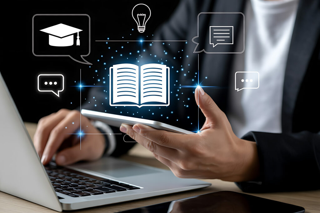 Person holding a tablet beside a laptop with digital education icons floating above the screen, including an open book, graduation cap, light bulb, and chat symbols representing online learning.