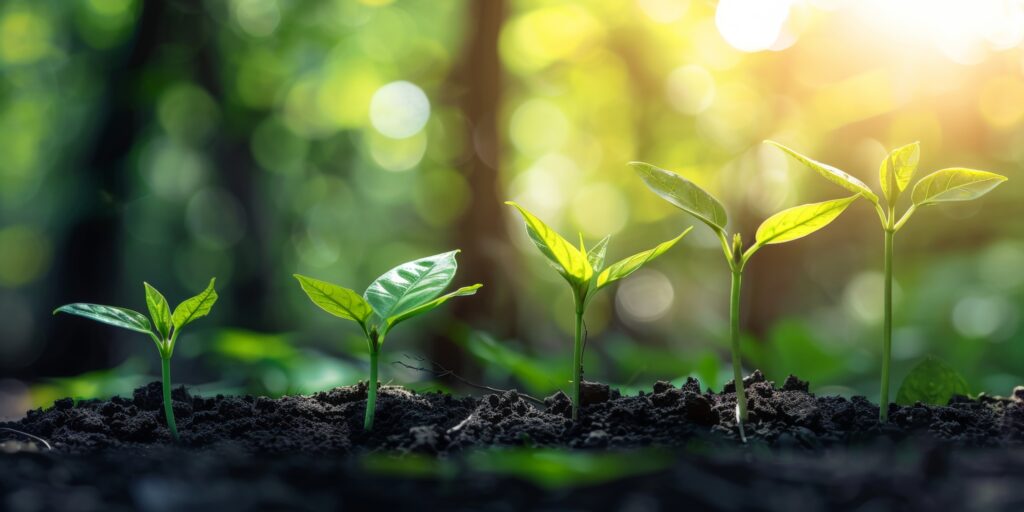 A young plant flourishes in rich soil, bathed in sunlight, symbolizing growth and new beginnings.